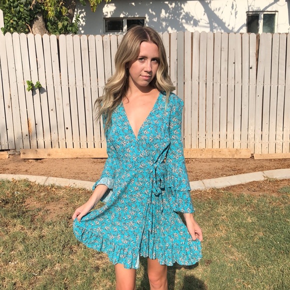 Turquoise Ruffle Hem Boho Gypsy V-Neck Play Dress - Picture 4 of 6